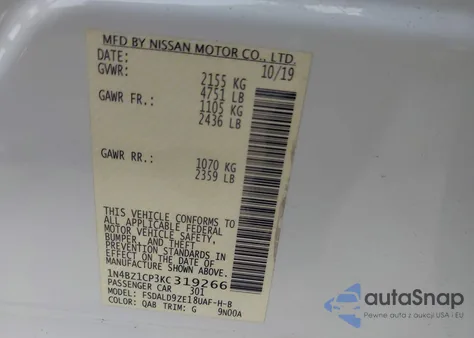 2019 Nissan Leaf Sv Plus from USA, damaged, VIN 1N4BZ1CP3KC319266